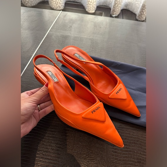 Prada Orange Logo-detailed Nylon Slingback Pumps Size US 8.5 EUR 39 Pre-Owned - Picture 2 of 16